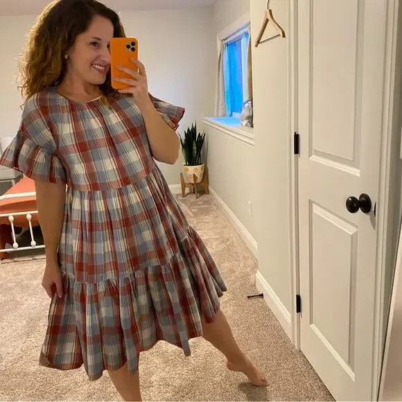 NWT Ulla Johnson Red Blue Plaid Mini Dress 2 - Picture 2 of 13